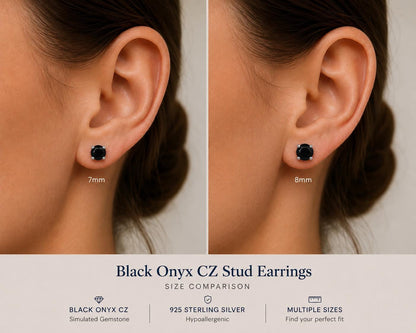 Black Onyx CZ Stud Earrings, 925 Sterling Silver Earrings, Black Gemstone Studs, Hypoallergenic Minimal Earrings, Everyday Jewelry Gift
