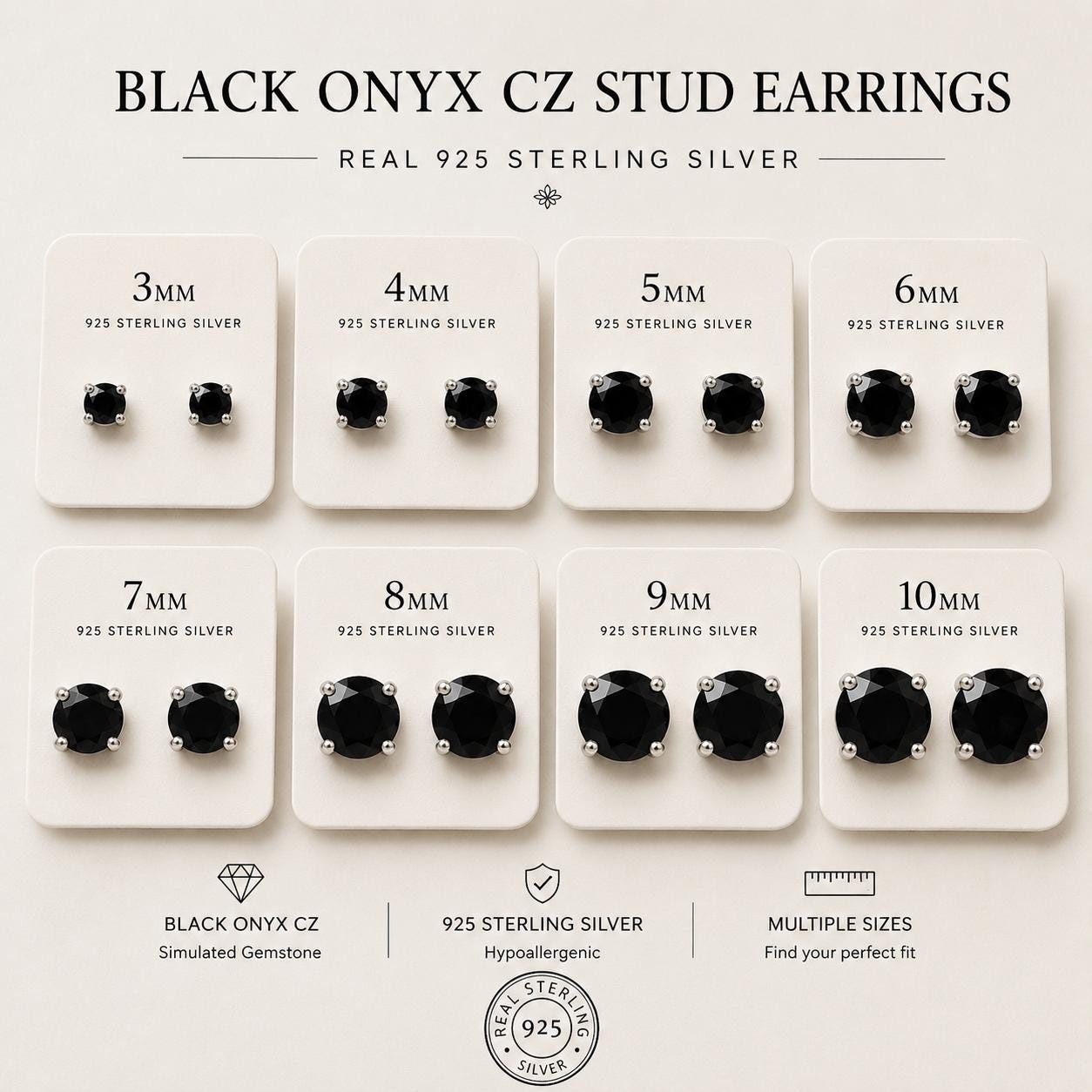 Black Onyx CZ Stud Earrings, 925 Sterling Silver Earrings, Black Gemstone Studs, Hypoallergenic Minimal Earrings, Everyday Jewelry Gift