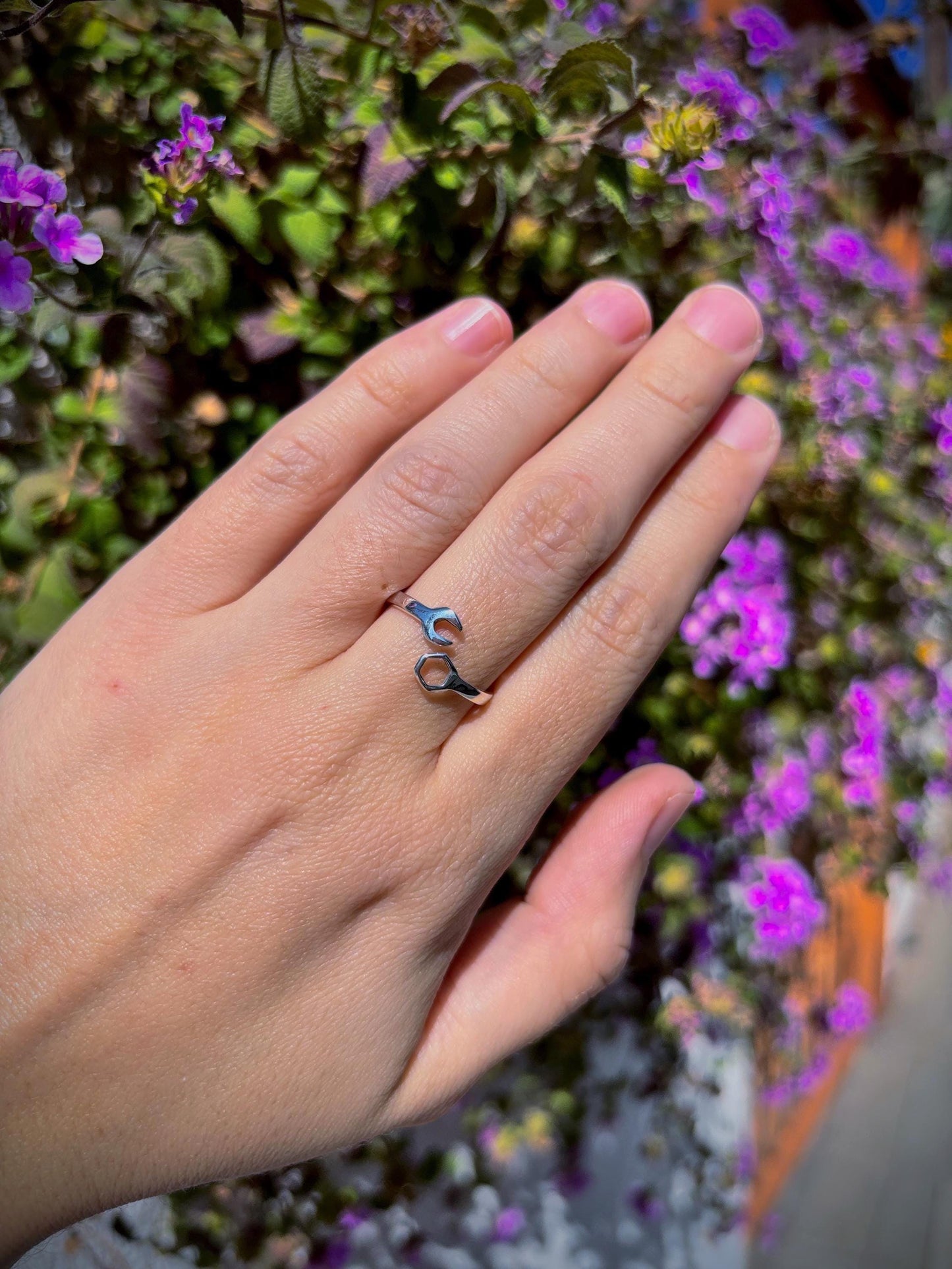 925 Sterling Silver Wrench & Nut Ring, Handmade Tool Ring, Minimalist Adjustable Ring, Mechanic Jewelry, Industrial Style Ring