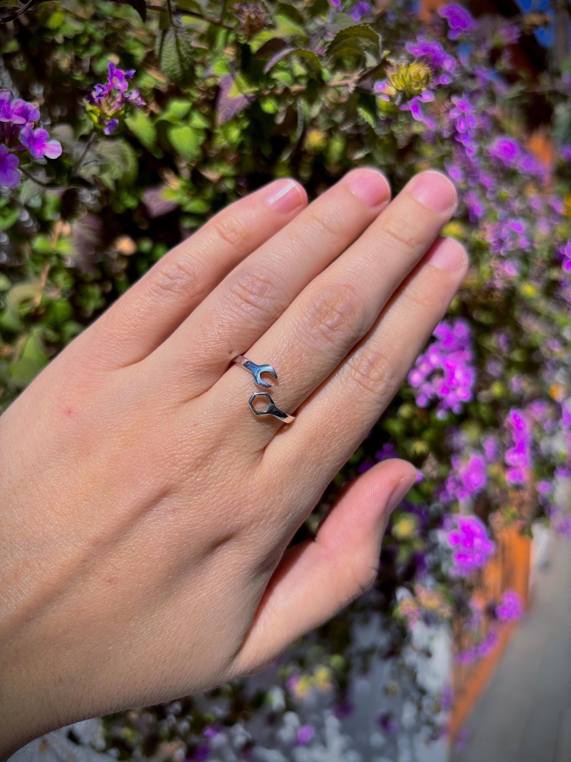 925 Sterling Silver Wrench & Nut Ring, Handmade Tool Ring, Minimalist Adjustable Ring, Mechanic Jewelry, Industrial Style Ring