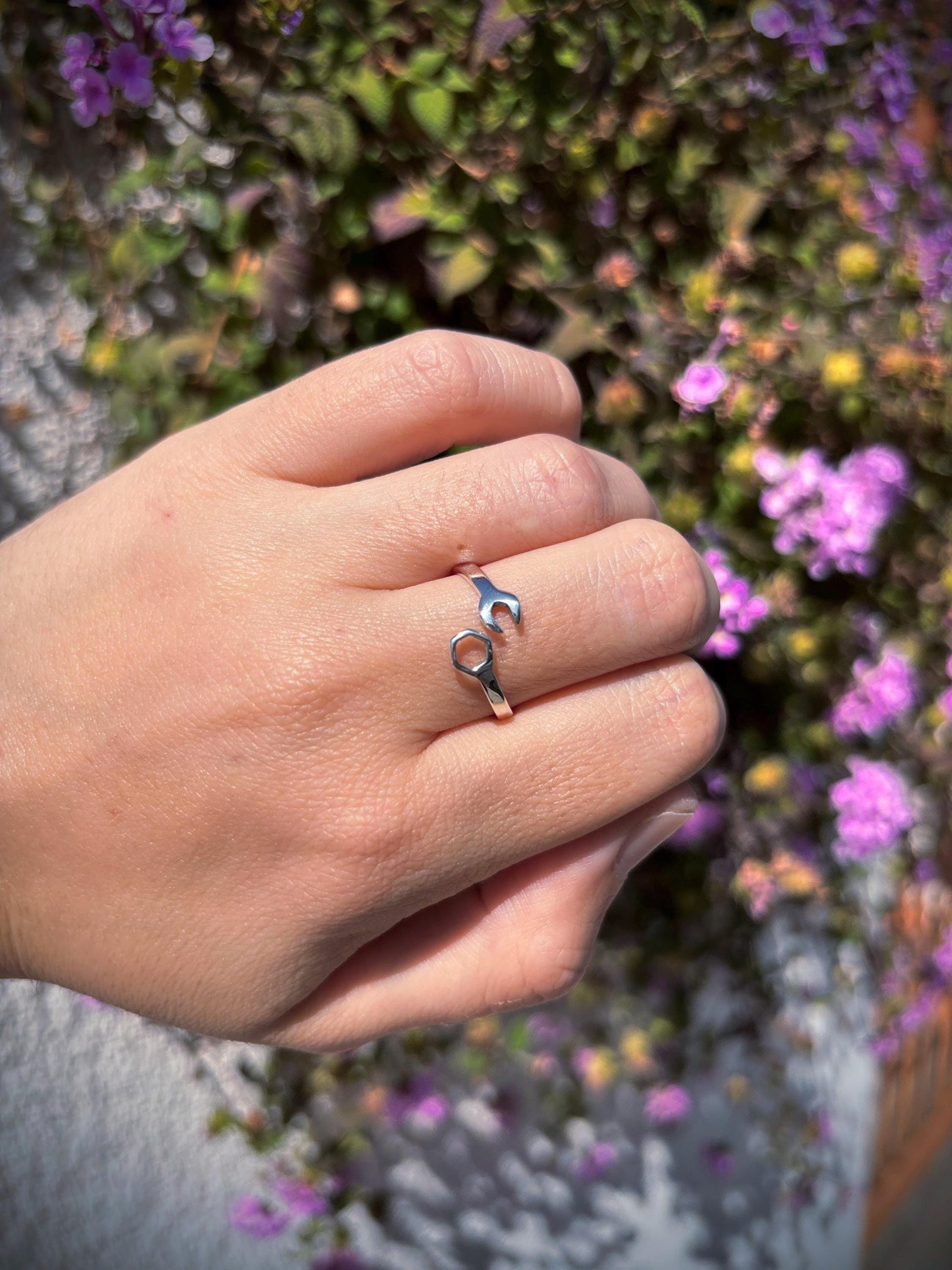 925 Sterling Silver Wrench & Nut Ring, Handmade Tool Ring, Minimalist Adjustable Ring, Mechanic Jewelry, Industrial Style Ring