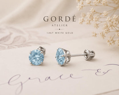 Aquamarine CZ Stud Earrings, 14K Gold Studs, March Birthstone Earrings, Minimalist Everyday Earrings, Tiny Blue Crystal Studs