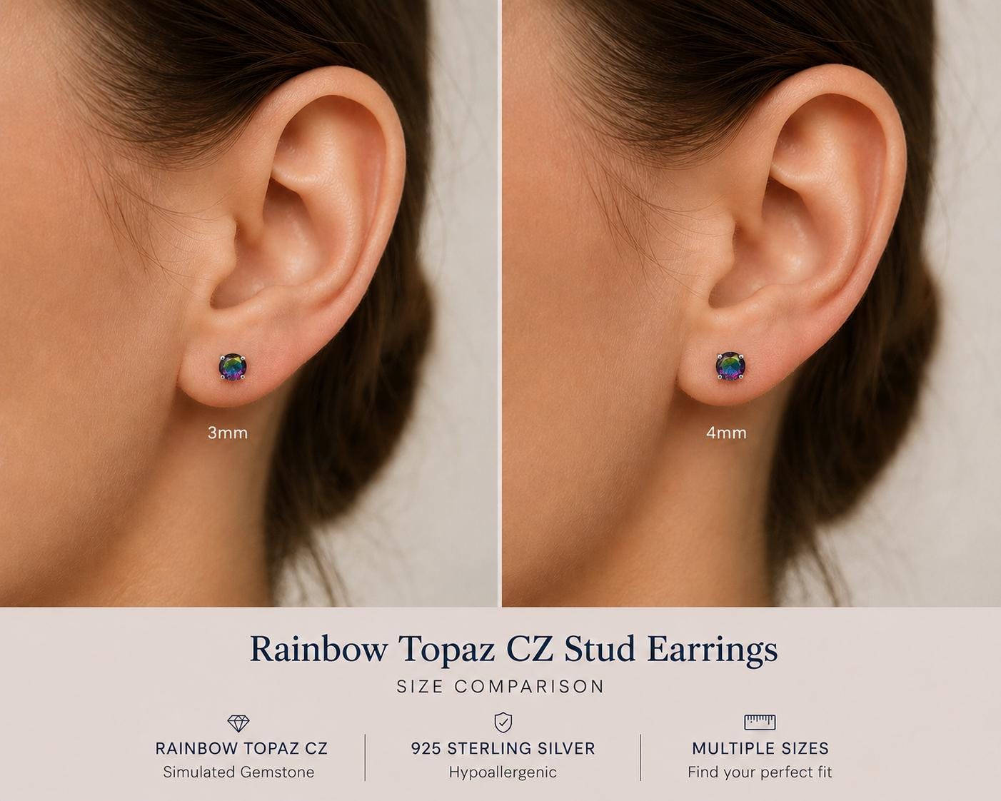 Rainbow Topaz CZ Stud Earrings, 925 Sterling Silver Earrings, Mystic Rainbow Earrings, Colorful Crystal Studs, 3mm 4mm 5mm 6mm 7mm 8mm 9mm