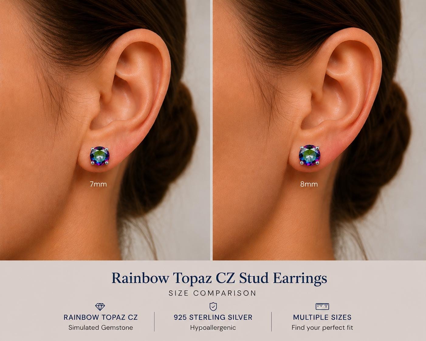 Rainbow Topaz CZ Stud Earrings, 925 Sterling Silver Earrings, Mystic Rainbow Earrings, Colorful Crystal Studs, 3mm 4mm 5mm 6mm 7mm 8mm 9mm