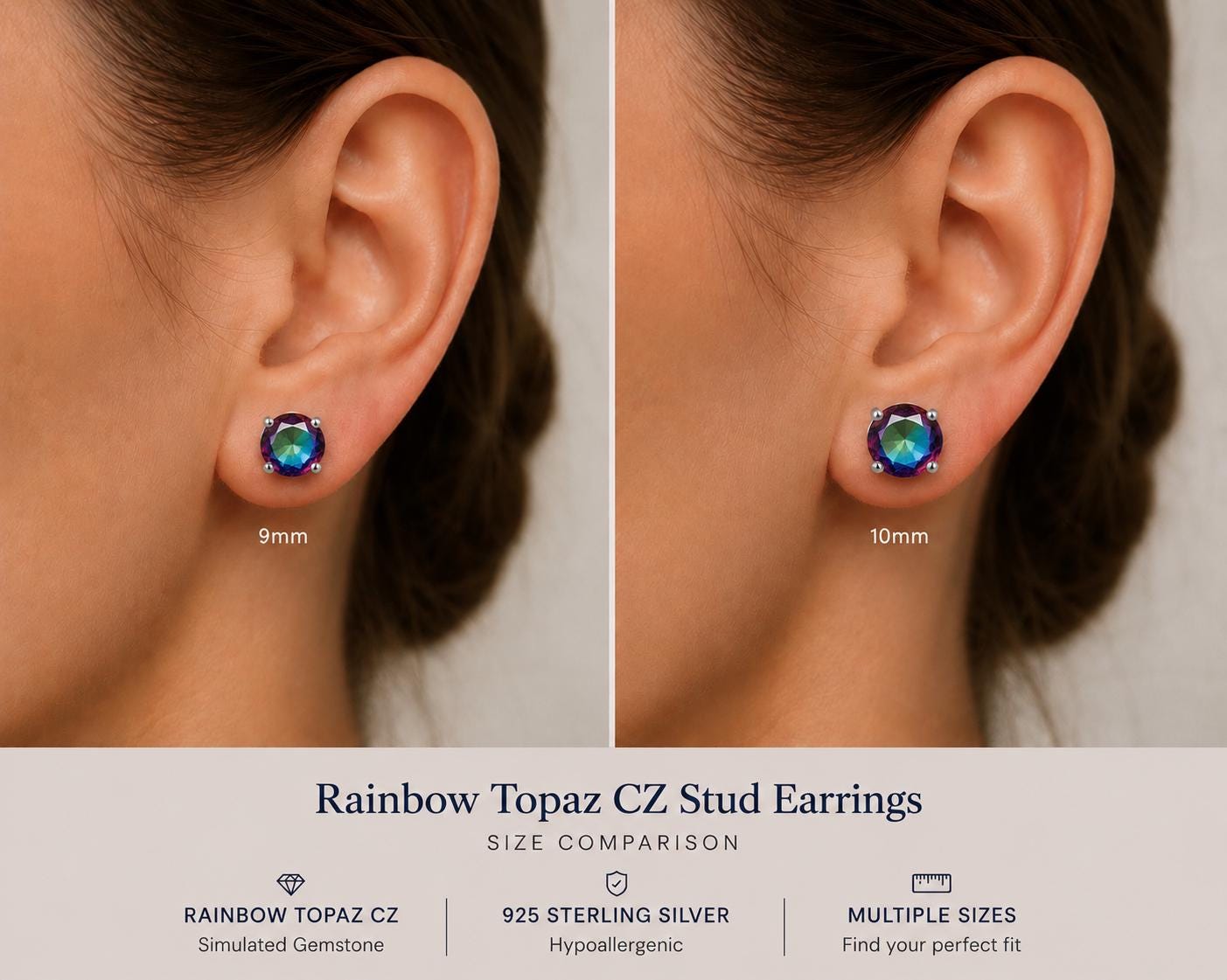 Rainbow Topaz CZ Stud Earrings, 925 Sterling Silver Earrings, Mystic Rainbow Earrings, Colorful Crystal Studs, 3mm 4mm 5mm 6mm 7mm 8mm 9mm
