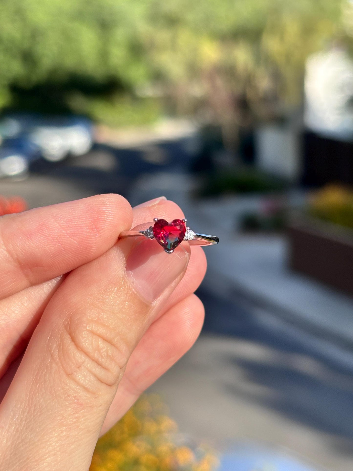925 Sterling Silver Watermelon Tourmaline Heart Ring, Summer Ring for Kids, Handmade Dainty Promise Ring, Cute Colorful Jewelry Gift