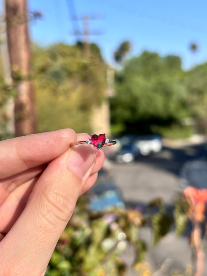 925 Sterling Silver Watermelon Tourmaline Heart Ring, Summer Ring for Kids, Handmade Dainty Promise Ring, Cute Colorful Jewelry Gift