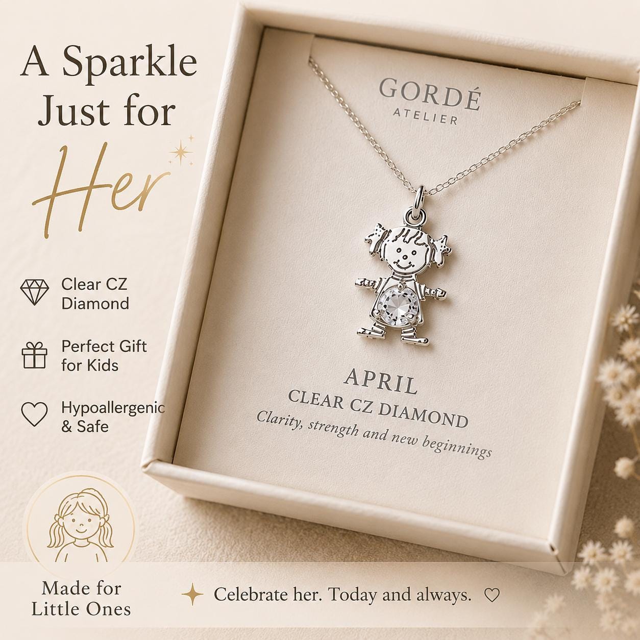 High polished 925 sterling silver round CZ birthstone girl charm, personalized girl pendant, birthstone necklace charm, gift for daughter