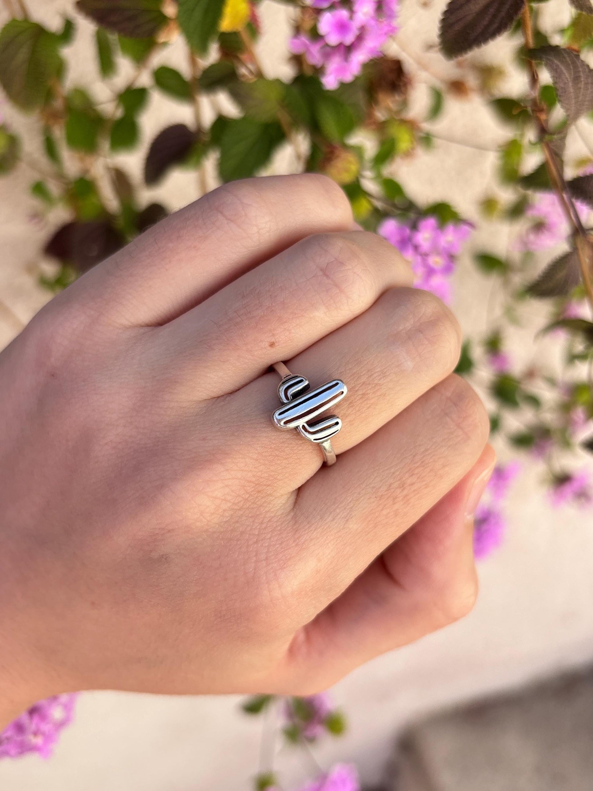 Cactus Ring Sterling Silver, Oxidized Desert Ring, Minimalist Southwest Jewelry, Tiny Cactus Band, Nature Lover Gift