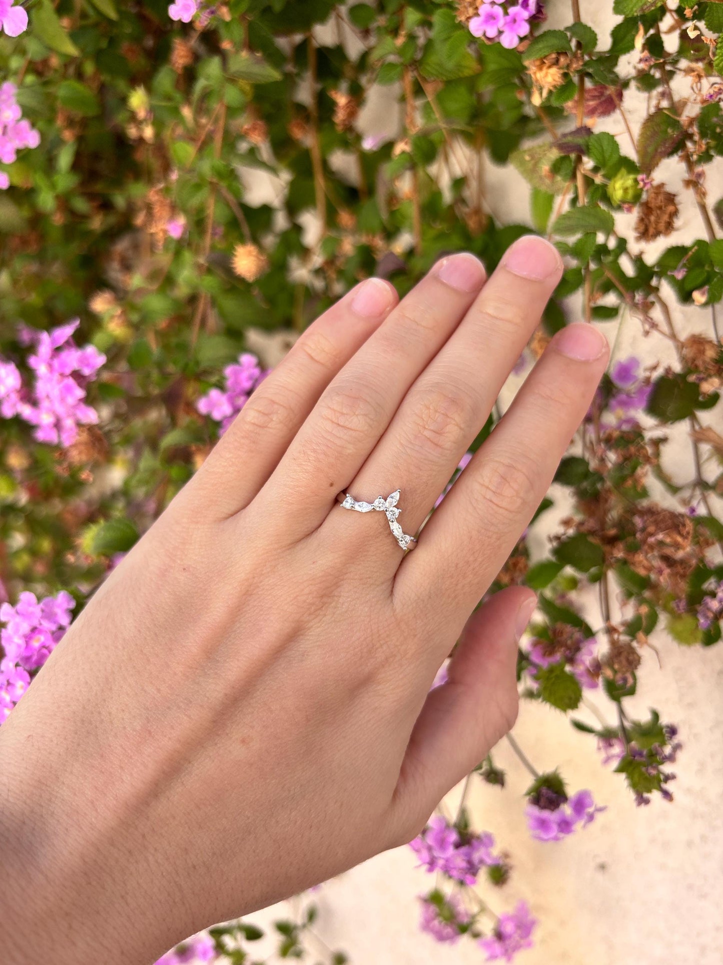Sterling Silver Chevron Ring, Marquise CZ Wedding Band, Minimalist V Ring, Curved Stacking Ring, Dainty Promise Ring