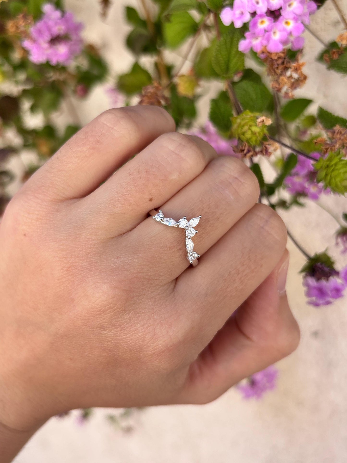 Sterling Silver Chevron Ring, Marquise CZ Wedding Band, Minimalist V Ring, Curved Stacking Ring, Dainty Promise Ring