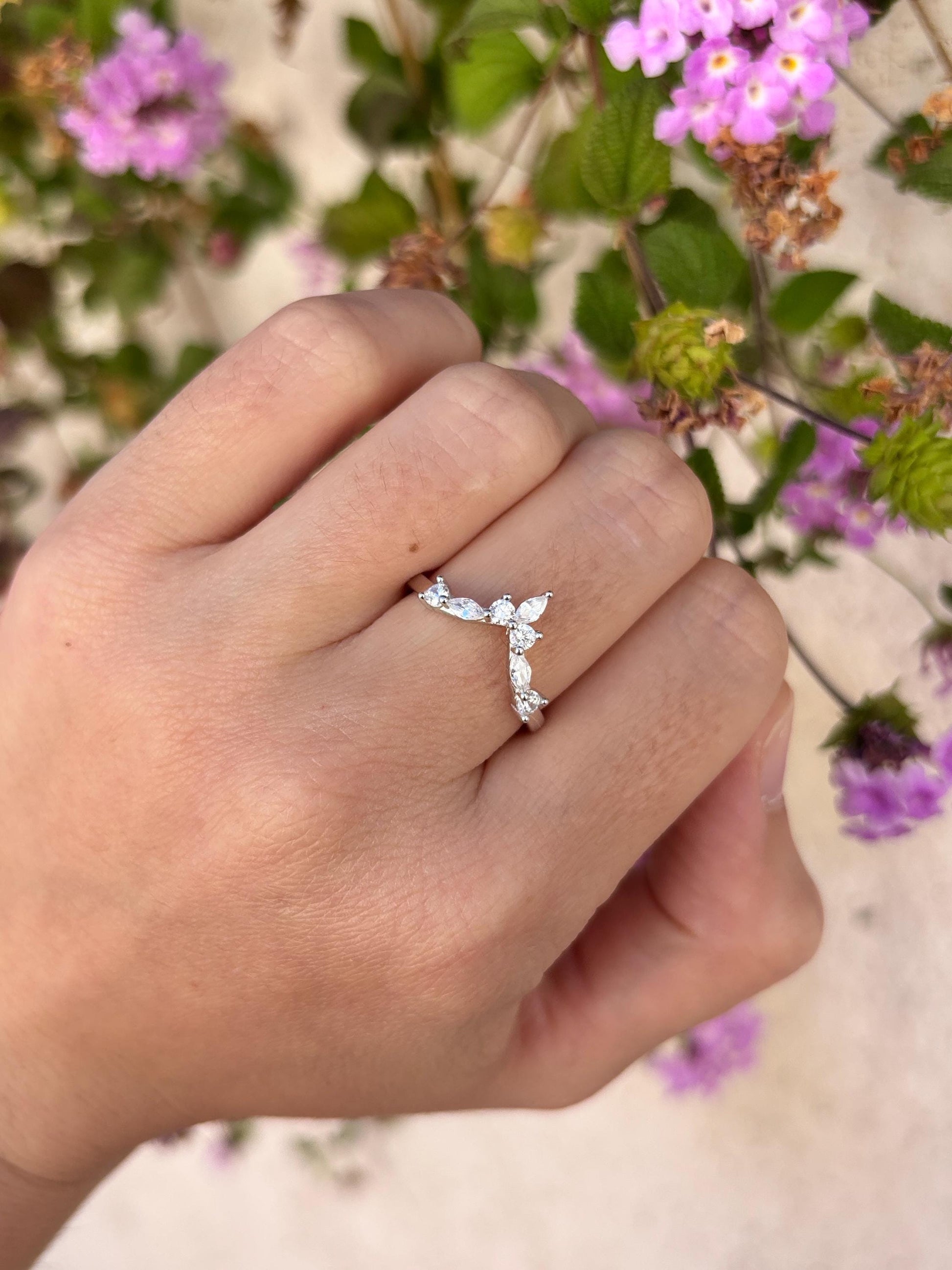 Sterling Silver Chevron Ring, Marquise CZ Wedding Band, Minimalist V Ring, Curved Stacking Ring, Dainty Promise Ring