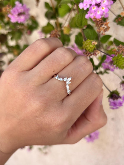 Sterling Silver Chevron Ring, Marquise CZ Wedding Band, Minimalist V Ring, Curved Stacking Ring, Dainty Promise Ring