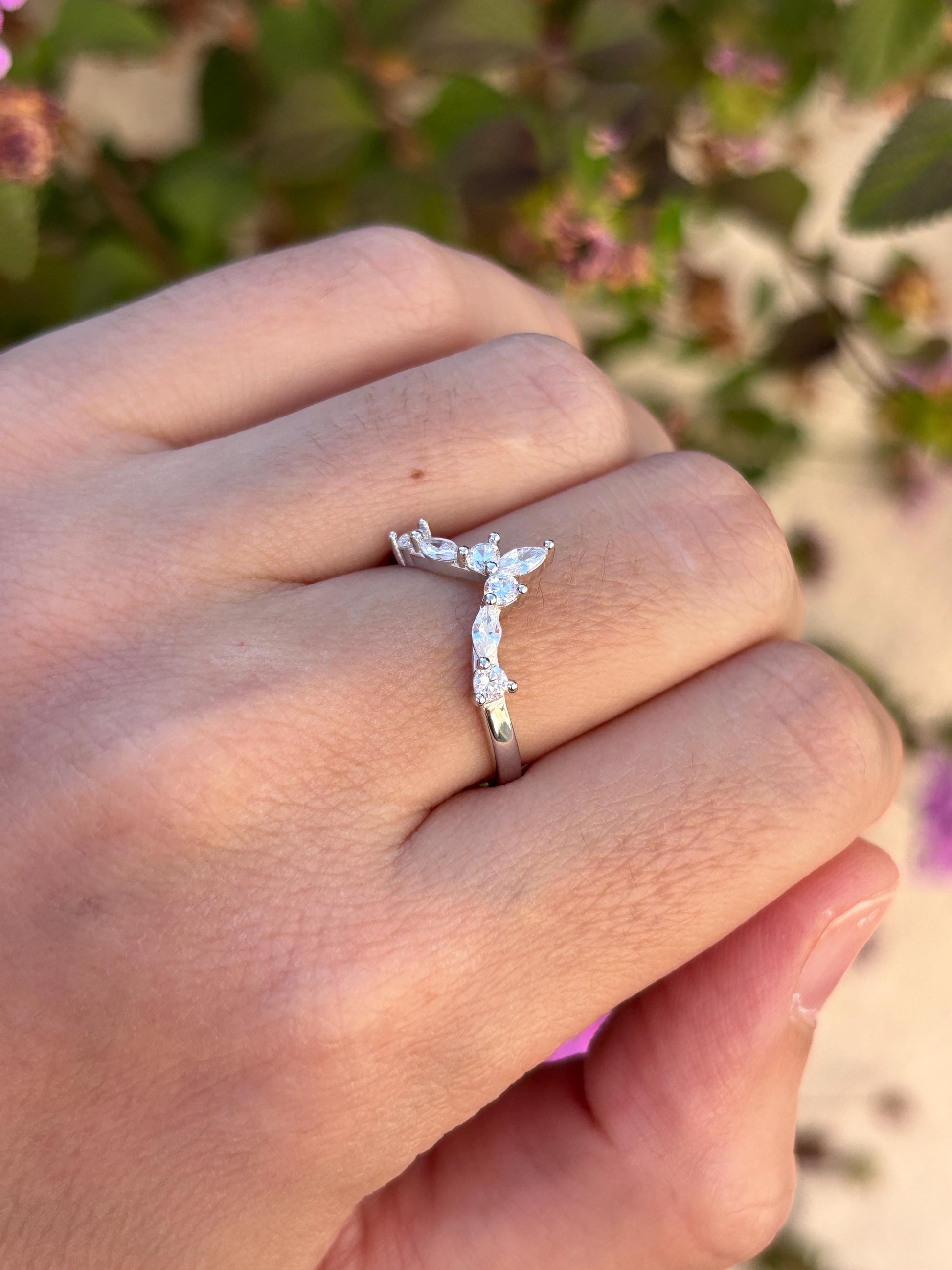 Sterling Silver Chevron Ring, Marquise CZ Wedding Band, Minimalist V Ring, Curved Stacking Ring, Dainty Promise Ring