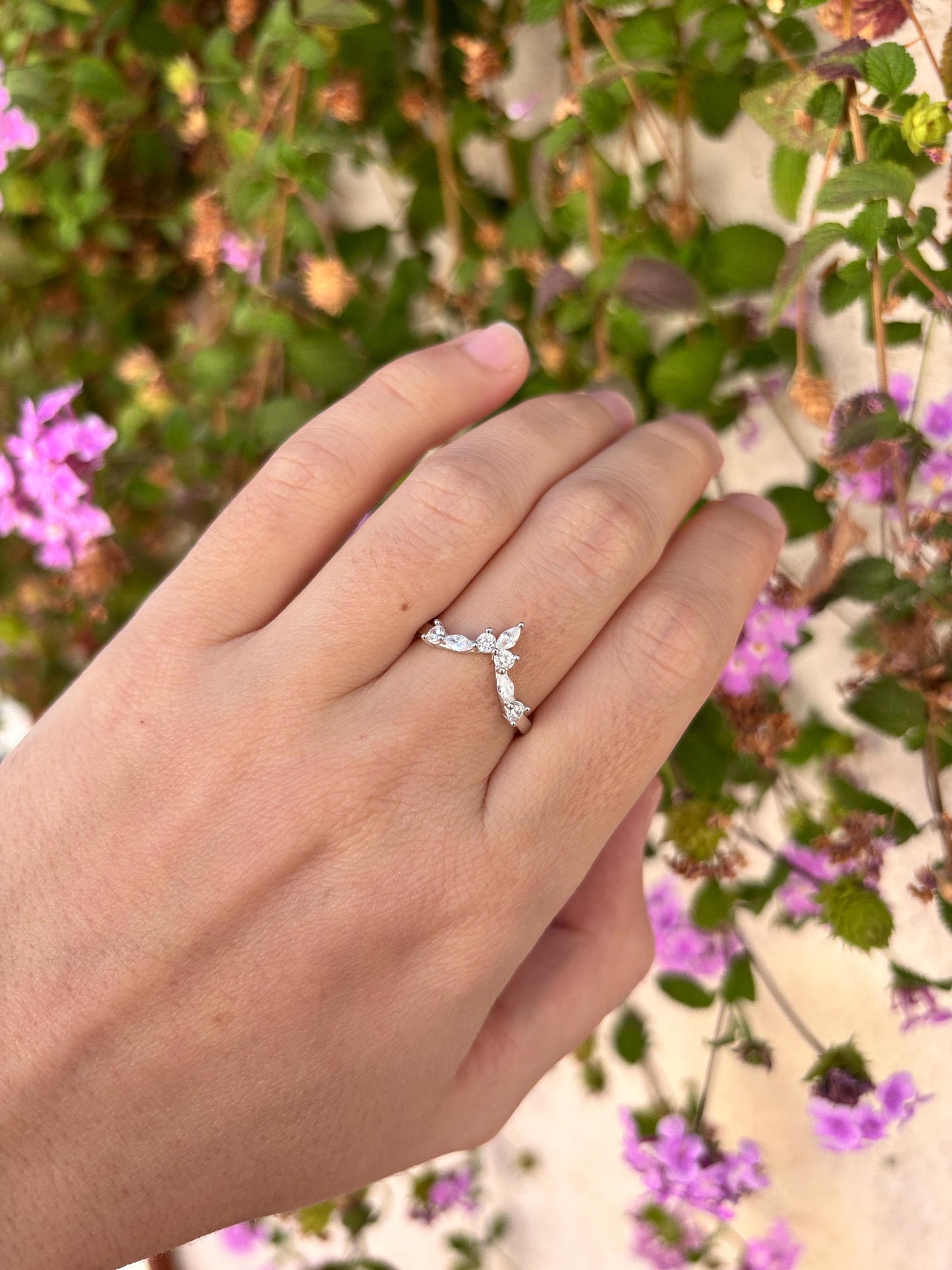 Sterling Silver Chevron Ring, Marquise CZ Wedding Band, Minimalist V Ring, Curved Stacking Ring, Dainty Promise Ring