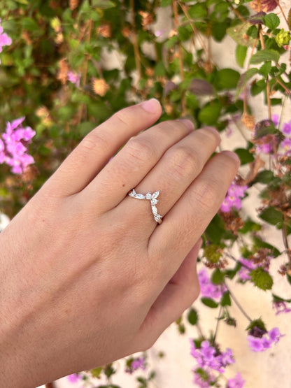 Sterling Silver Chevron Ring, Marquise CZ Wedding Band, Minimalist V Ring, Curved Stacking Ring, Dainty Promise Ring