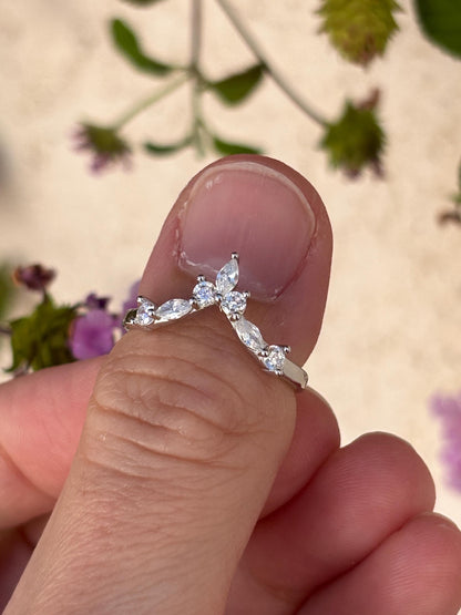 Sterling Silver Chevron Ring, Marquise CZ Wedding Band, Minimalist V Ring, Curved Stacking Ring, Dainty Promise Ring