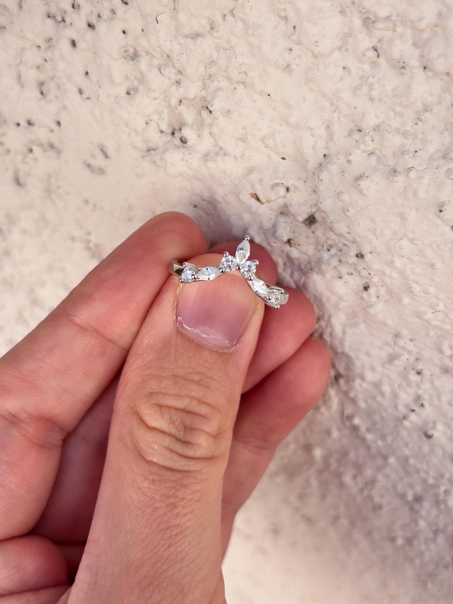 Sterling Silver Chevron Ring, Marquise CZ Wedding Band, Minimalist V Ring, Curved Stacking Ring, Dainty Promise Ring