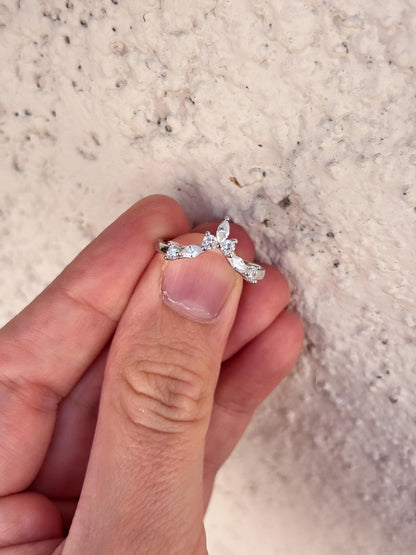 Sterling Silver Chevron Ring, Marquise CZ Wedding Band, Minimalist V Ring, Curved Stacking Ring, Dainty Promise Ring