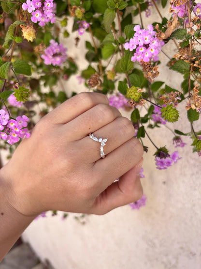 Sterling Silver Chevron Ring, Marquise CZ Wedding Band, Minimalist V Ring, Curved Stacking Ring, Dainty Promise Ring