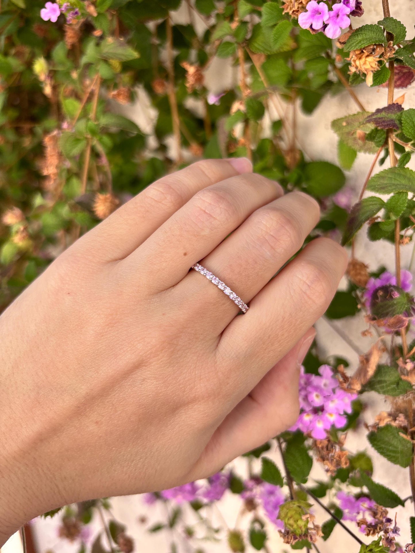 Sterling Silver Pink CZ Eternity Ring, Thin Stackable Band, Dainty Minimalist Ring, Promise Ring for Her