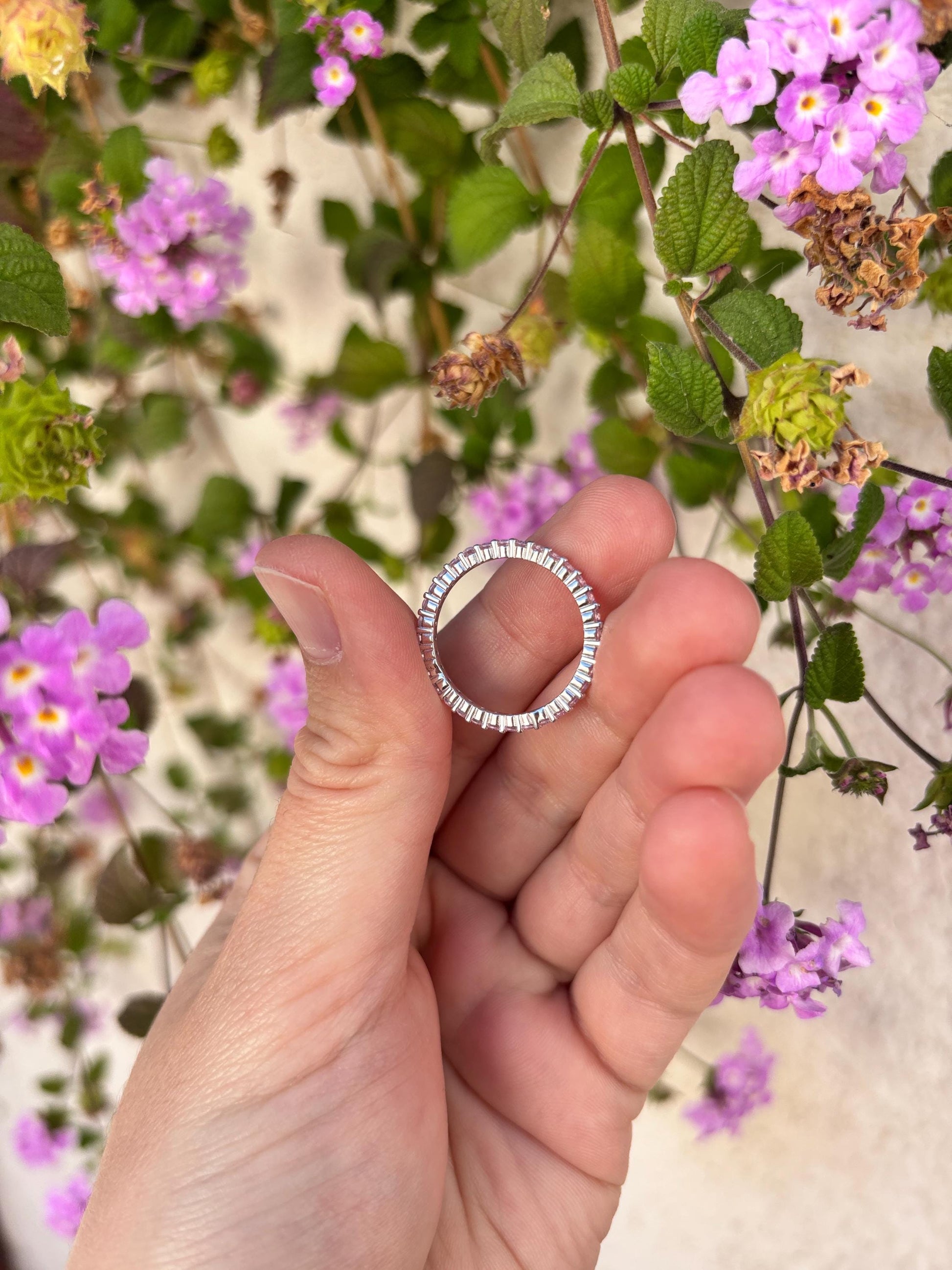 Sterling Silver Pink CZ Eternity Ring, Thin Stackable Band, Dainty Minimalist Ring, Promise Ring for Her