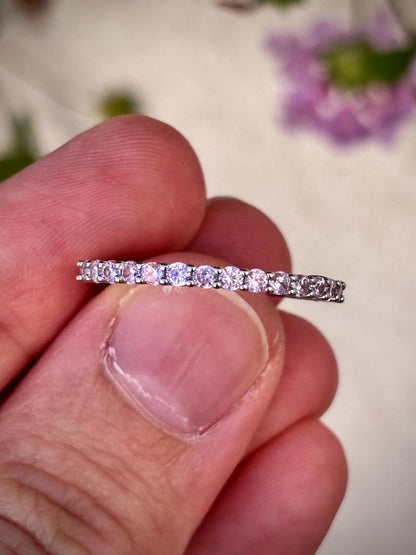 Sterling Silver Pink CZ Eternity Ring, Thin Stackable Band, Dainty Minimalist Ring, Promise Ring for Her