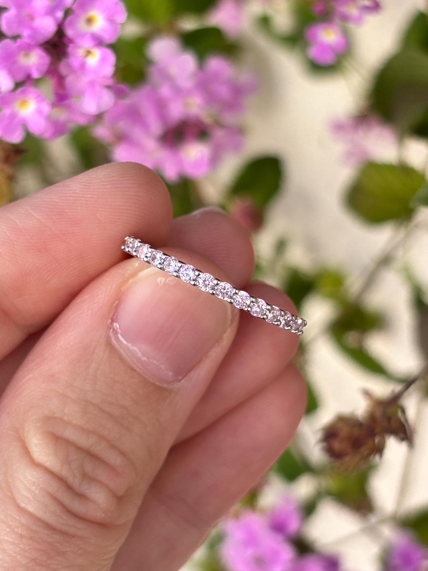 Sterling Silver Pink CZ Eternity Ring, Thin Stackable Band, Dainty Minimalist Ring, Promise Ring for Her