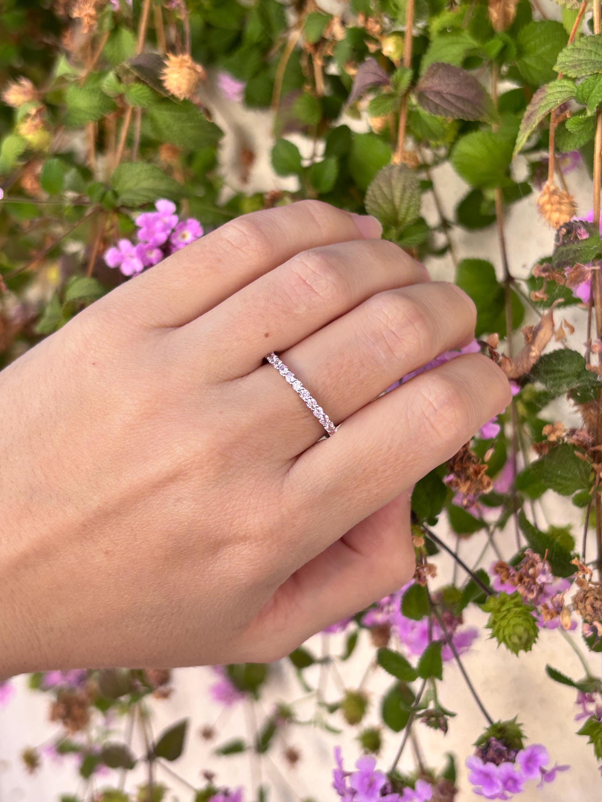 Sterling Silver Pink CZ Eternity Ring, Thin Stackable Band, Dainty Minimalist Ring, Promise Ring for Her