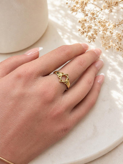 Magen David, 14k Gold Plated Star Ring, Celestial Statement Ring, Silver Plated Adjustable Ring, Minimalist Geometric Ring, Gift for Her