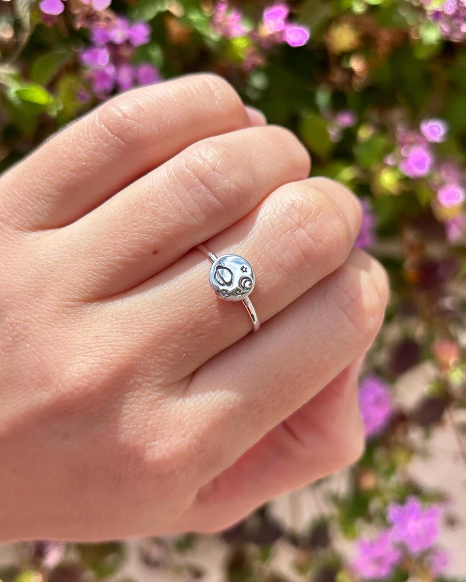 Celestial Planet Ring Sterling Silver, Moon and Stars Ring, Space Jewelry, Cosmic Minimalist Ring, Saturn Ring, Galaxy Gift