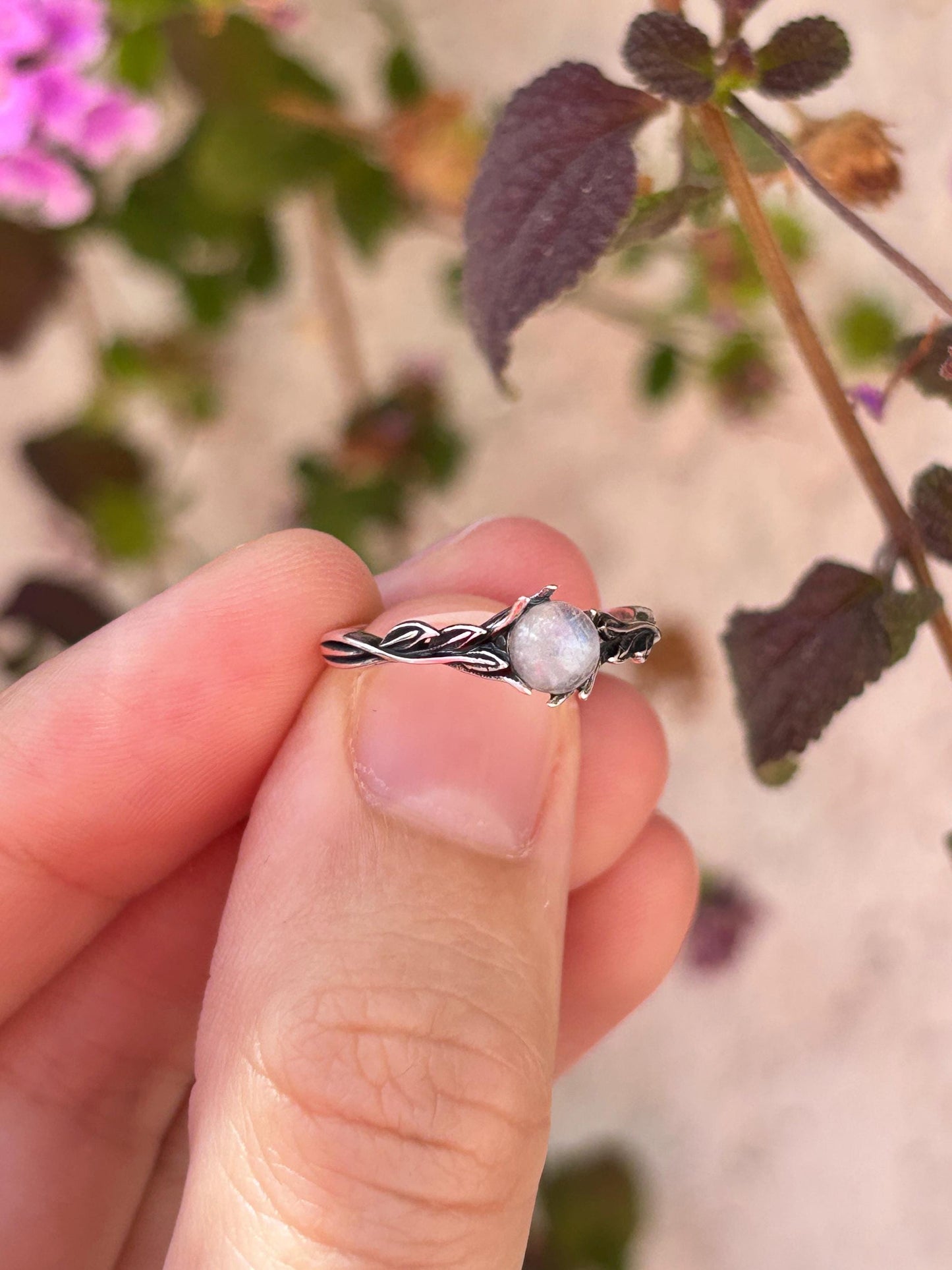 Moonstone Leaf Ring Sterling Silver, Nature Inspired Ring, Dainty Moonstone Ring, Minimalist Gemstone Ring, Woodland Jewelry