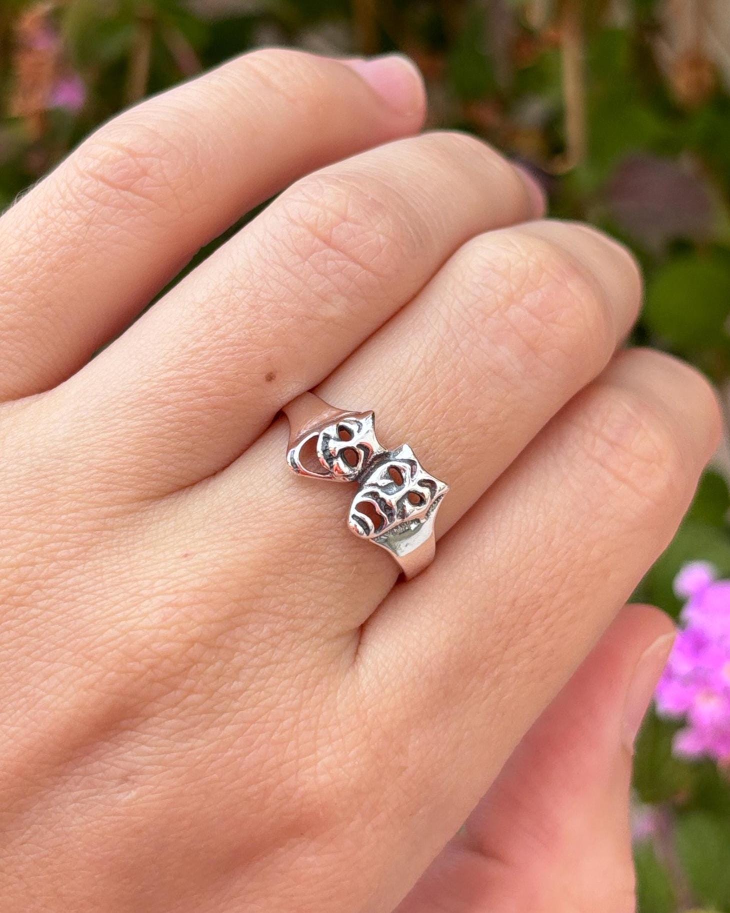 Comedy Drama Mask Ring, 925 Sterling Silver Theater Ring, Drama Club Jewelry, Oxidized Statement Ring, Actor Gift