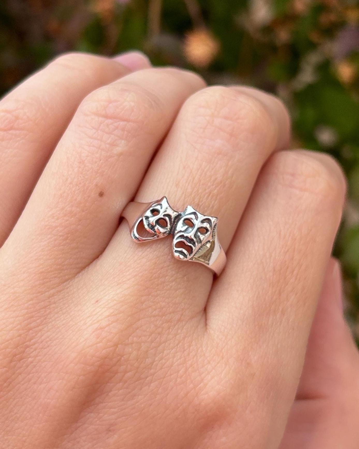 Comedy Drama Mask Ring, 925 Sterling Silver Theater Ring, Drama Club Jewelry, Oxidized Statement Ring, Actor Gift