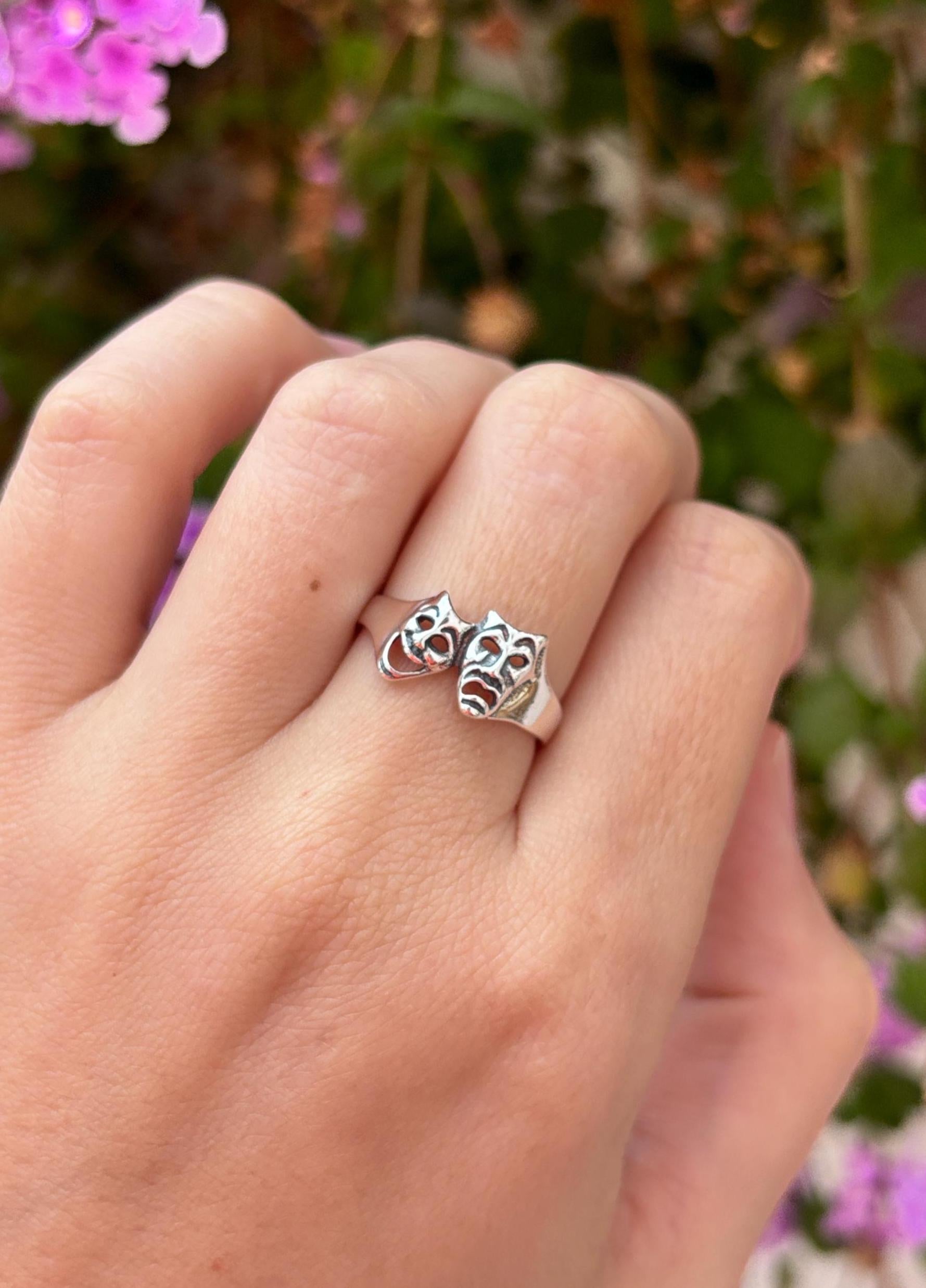 Comedy Drama Mask Ring, 925 Sterling Silver Theater Ring, Drama Club Jewelry, Oxidized Statement Ring, Actor Gift
