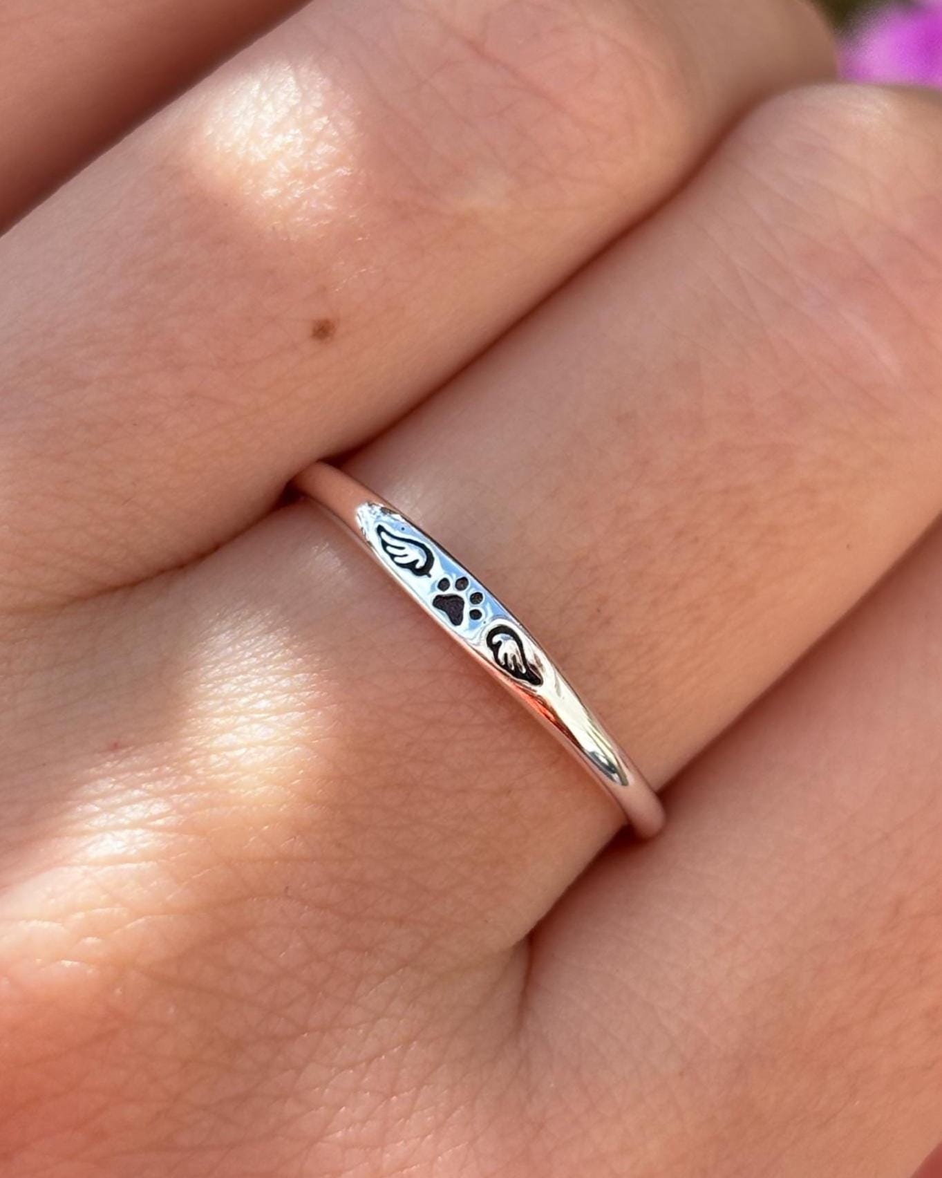 Angel Wings Paw Print Ring, 925 Sterling Silver Pet Memorial Ring, Cat Dog Lover Jewelry, Minimalist Animal Band, Pet Loss Ring