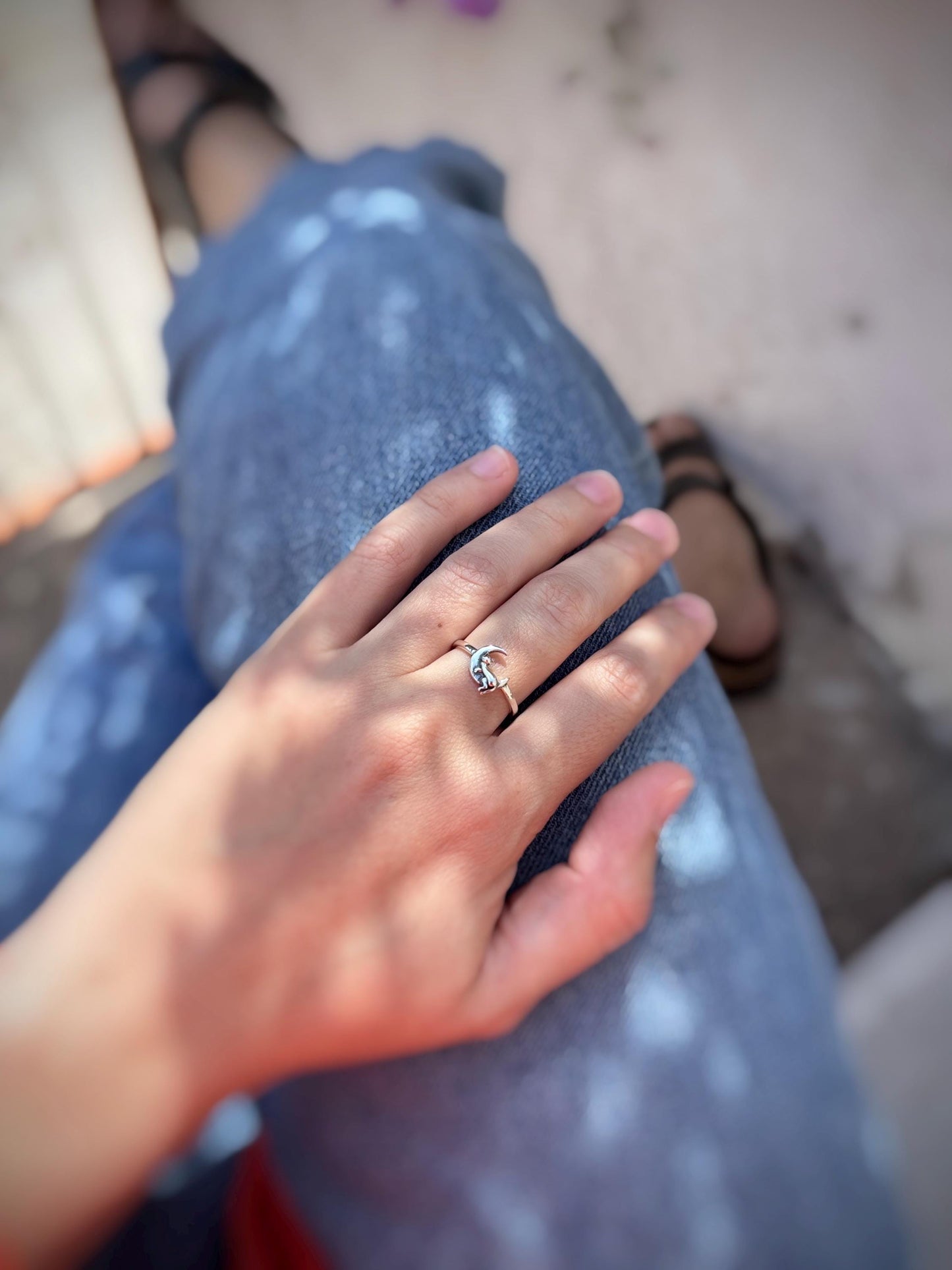 Cat Moon Ring, Sterling Silver Cat Lover Ring, Crescent Moon Jewelry, Minimalist Cat Ring, Celestial Animal Jewelry Gift