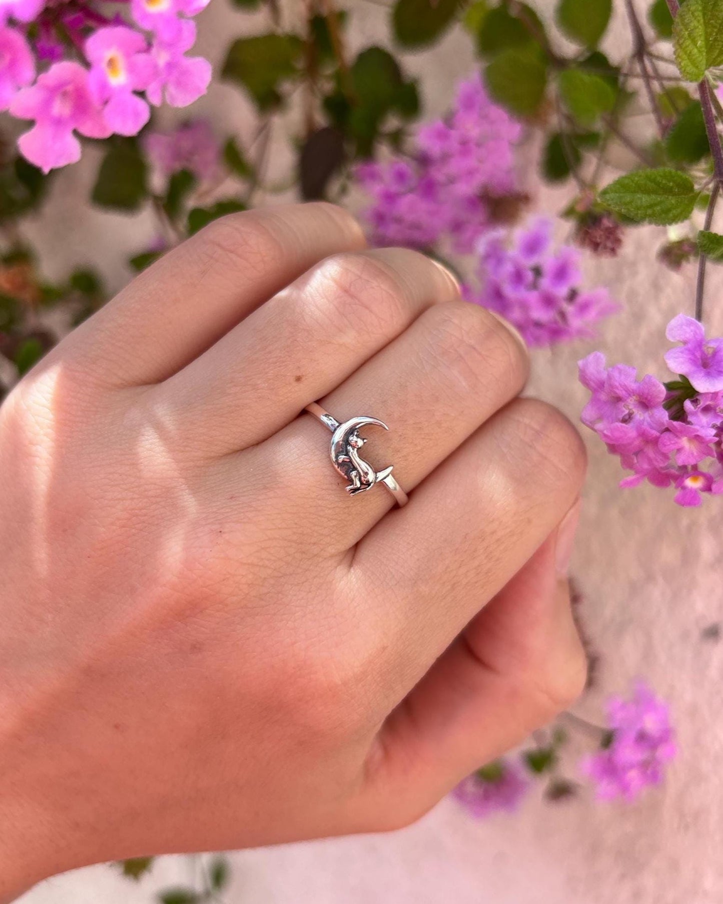 Cat Moon Ring, Sterling Silver Cat Lover Ring, Crescent Moon Jewelry, Minimalist Cat Ring, Celestial Animal Jewelry Gift