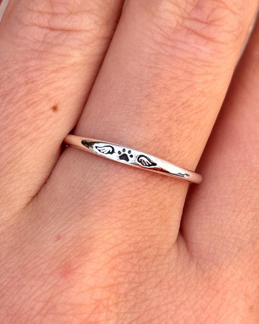 Angel Wings Paw Print Ring, 925 Sterling Silver Pet Memorial Ring, Cat Dog Lover Jewelry, Minimalist Animal Band, Pet Loss Ring