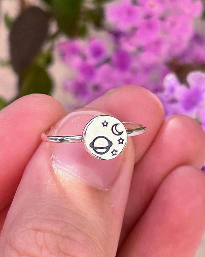 Celestial Planet Ring Sterling Silver, Moon and Stars Ring, Space Jewelry, Cosmic Minimalist Ring, Saturn Ring, Galaxy Gift