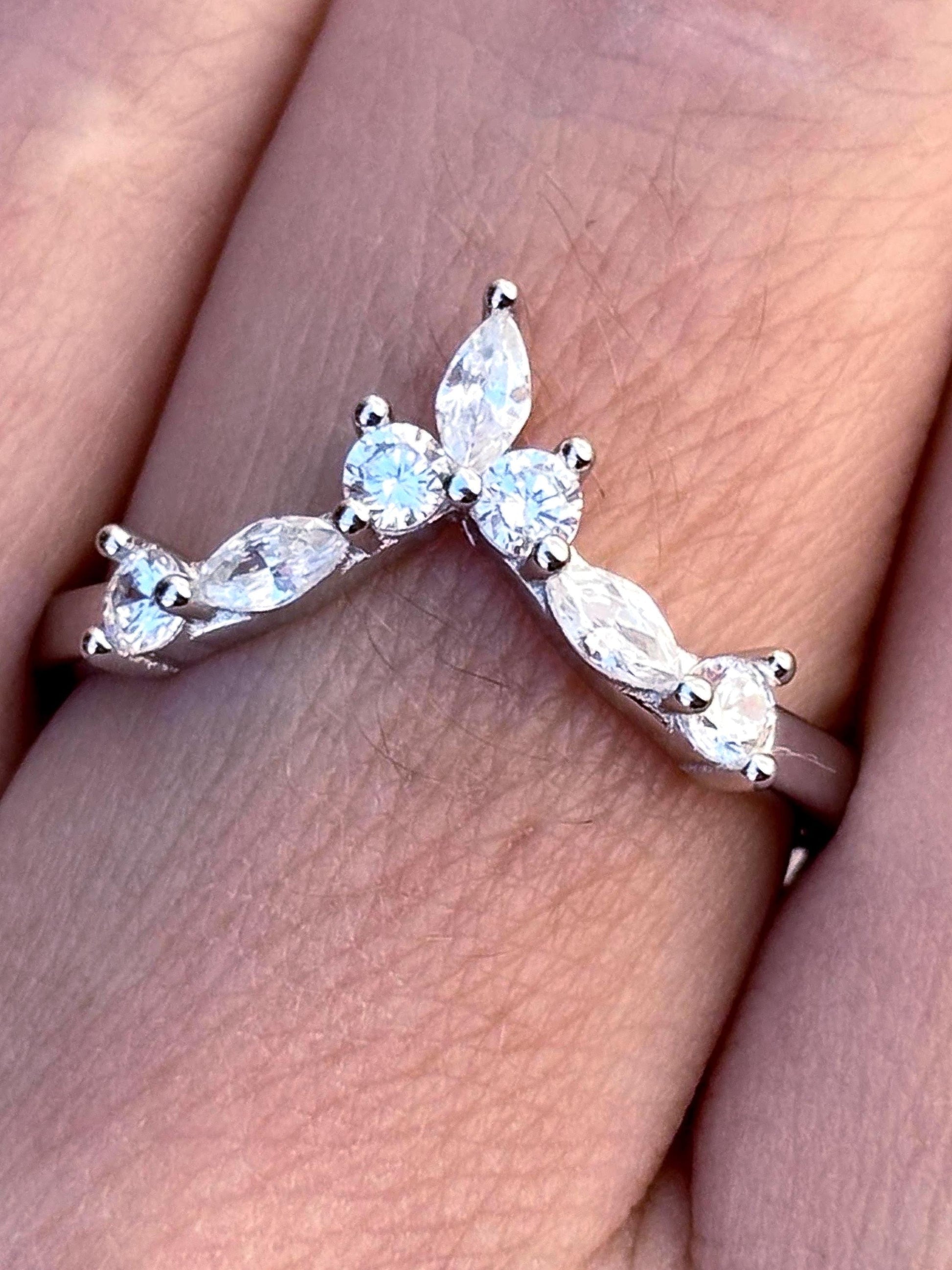 Sterling Silver Chevron Ring, Marquise CZ Wedding Band, Minimalist V Ring, Curved Stacking Ring, Dainty Promise Ring