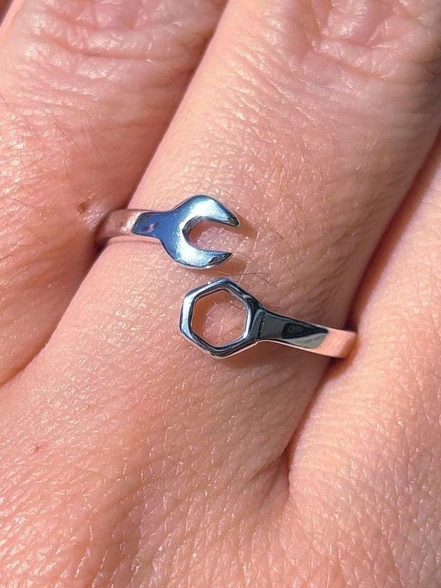 925 Sterling Silver Wrench & Nut Ring, Handmade Tool Ring, Minimalist Adjustable Ring, Mechanic Jewelry, Industrial Style Ring