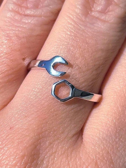 925 Sterling Silver Wrench & Nut Ring, Handmade Tool Ring, Minimalist Adjustable Ring, Mechanic Jewelry, Industrial Style Ring
