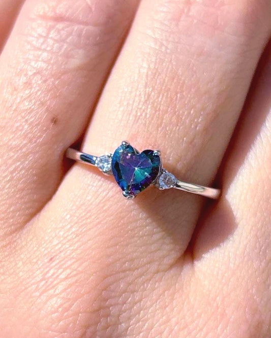 Rainbow Mystic Topaz Heart Ring, 925 Sterling Silver Promise Ring, Color Changing Heart Ring, Dainty Rainbow Stone Ring, Gift for Her