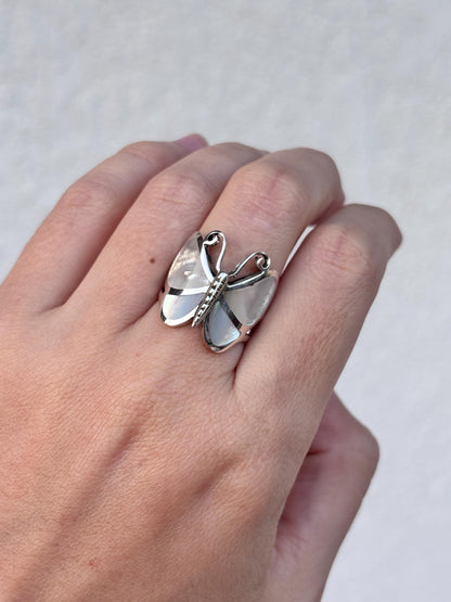Genuine Mother of Pearl Handmade Butterfly Ring, 925 Sterling Silver Statement Ring, Natural Shell Ring, Butterfly Jewelry, Gift for Her