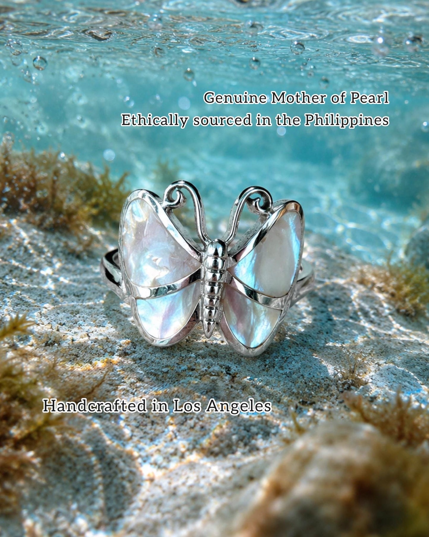 Genuine Mother of Pearl Handmade Butterfly Ring, 925 Sterling Silver Statement Ring, Natural Shell Ring, Butterfly Jewelry, Gift for Her