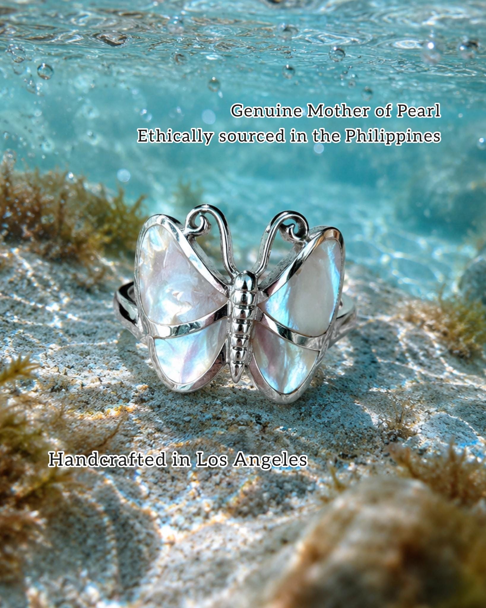 Genuine Mother of Pearl Handmade Butterfly Ring, 925 Sterling Silver Statement Ring, Natural Shell Ring, Butterfly Jewelry, Gift for Her