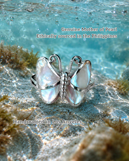 Genuine Mother of Pearl Handmade Butterfly Ring, 925 Sterling Silver Statement Ring, Natural Shell Ring, Butterfly Jewelry, Gift for Her