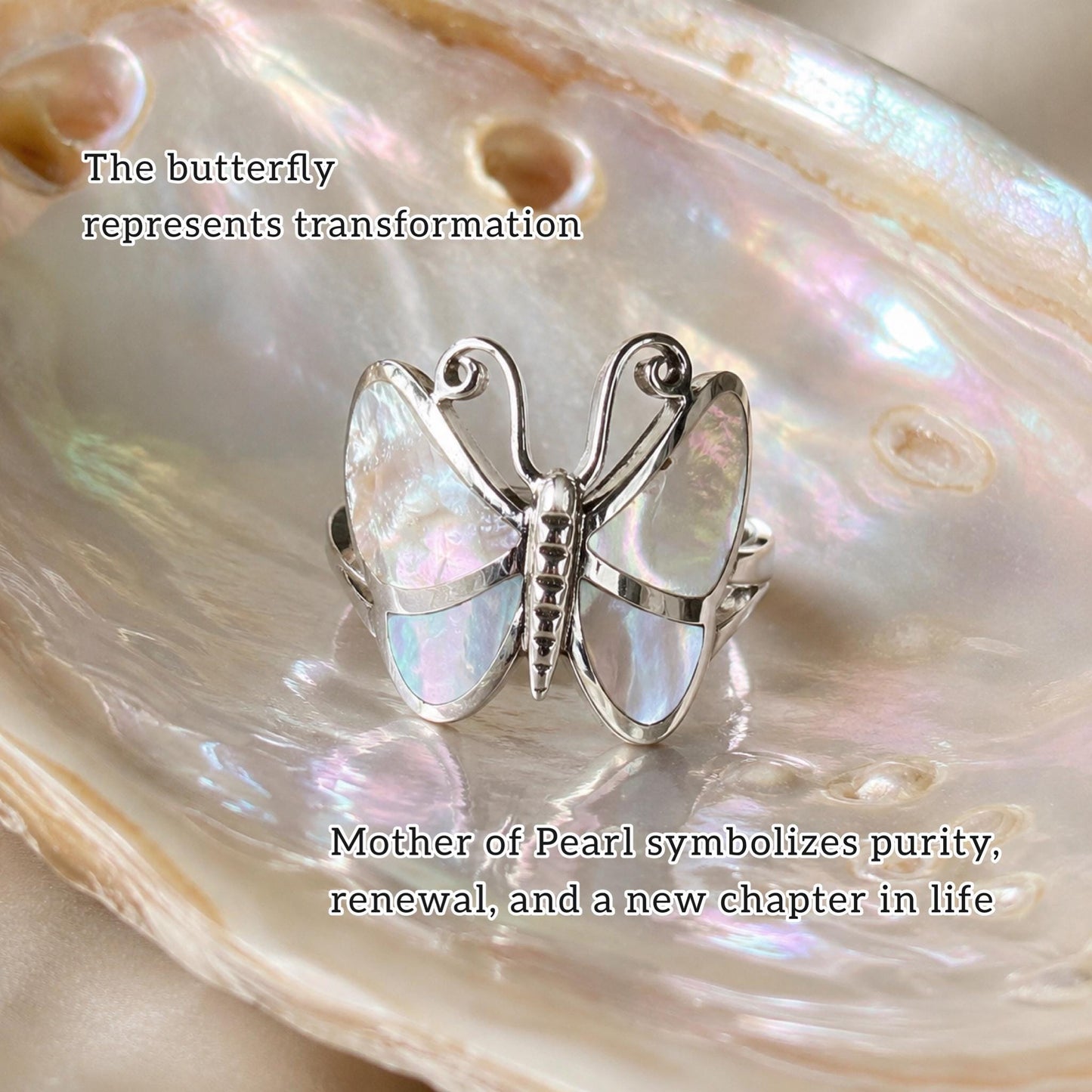 Genuine Mother of Pearl Handmade Butterfly Ring, 925 Sterling Silver Statement Ring, Natural Shell Ring, Butterfly Jewelry, Gift for Her