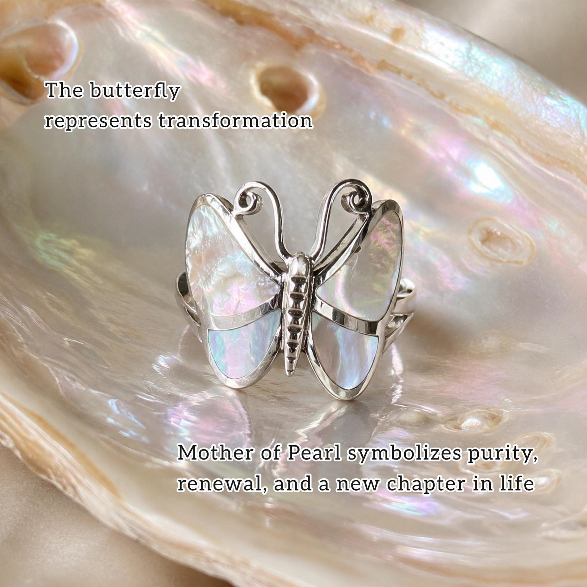 Genuine Mother of Pearl Handmade Butterfly Ring, 925 Sterling Silver Statement Ring, Natural Shell Ring, Butterfly Jewelry, Gift for Her